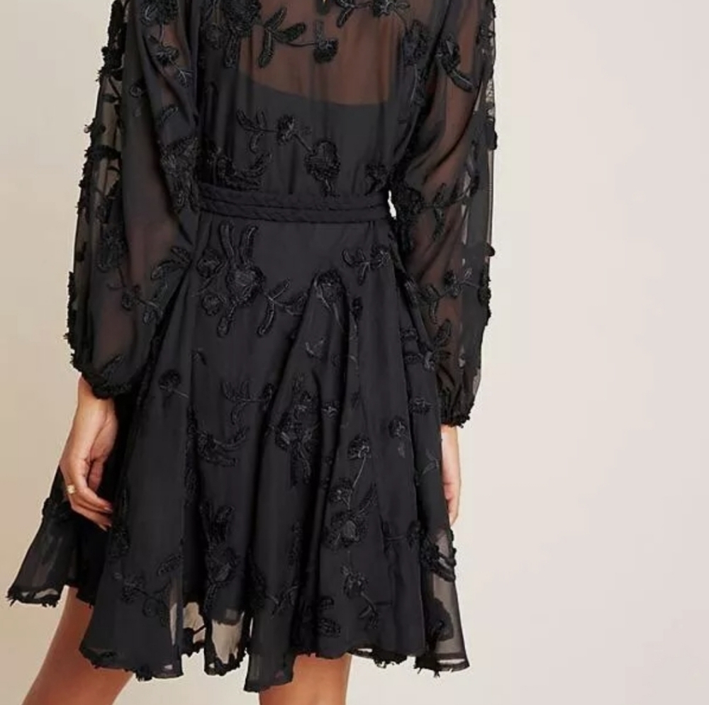 🚫*SOLD* NWOT Anthropologie Amal embroidered black long sleeve tie waist dress - Picture 4 of 11